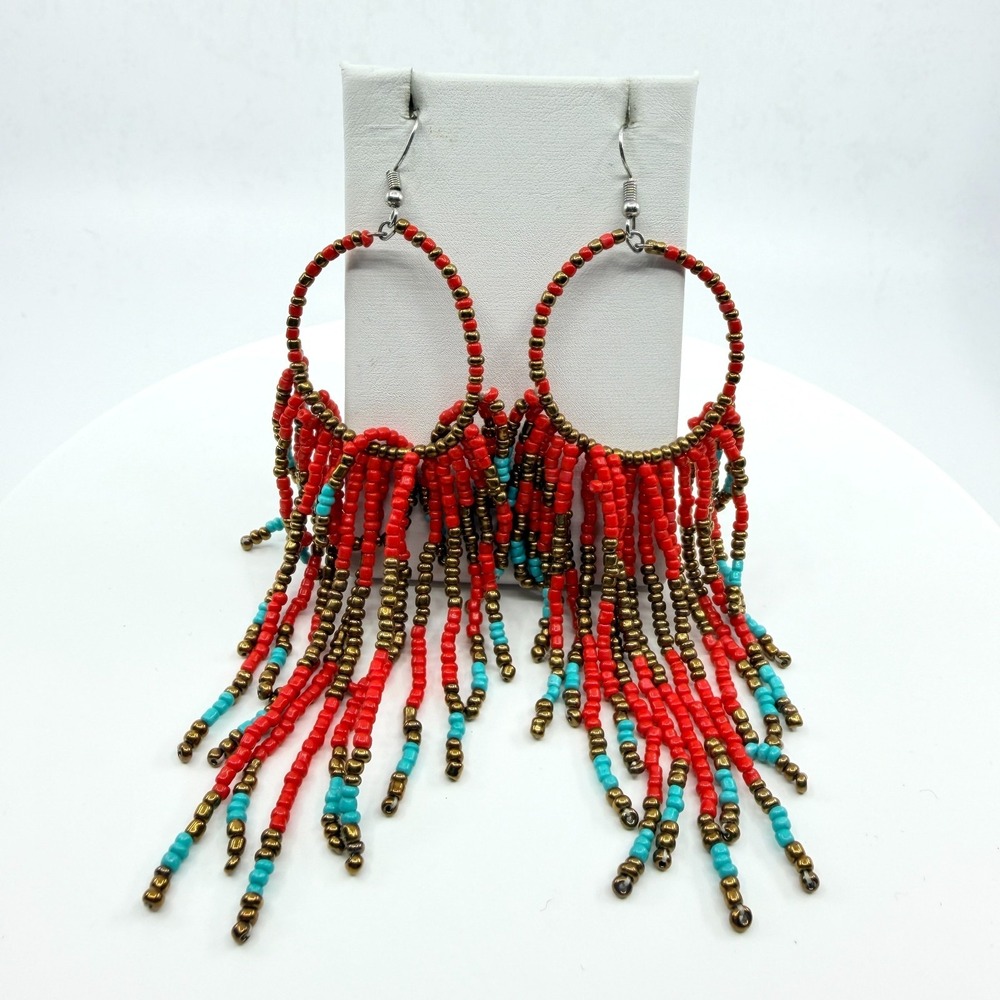 VTG Beaded Fringe Hoop Earrings Coral Red Turquoise Tone Festive Southwestern
